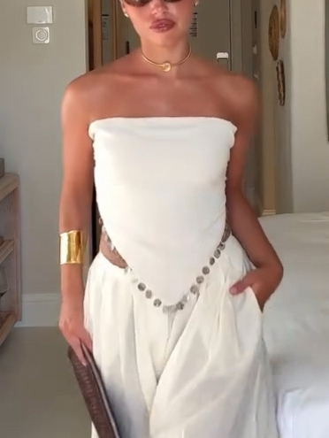 Tube Top Lace-Up Irregular Top And Wide Leg Pants Suit-Top