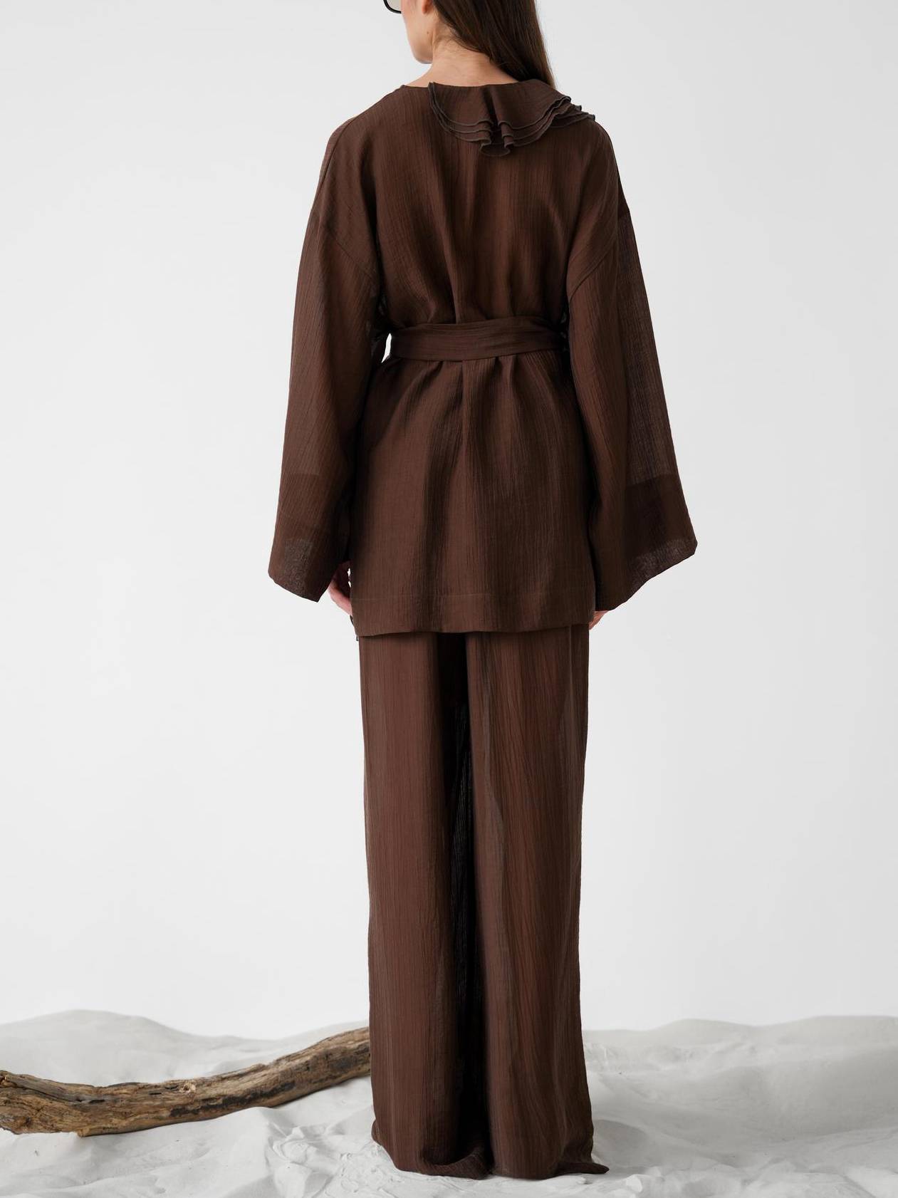 Ruffled Loose Belt Shirt And Wide Leg Pants Suit-Pants