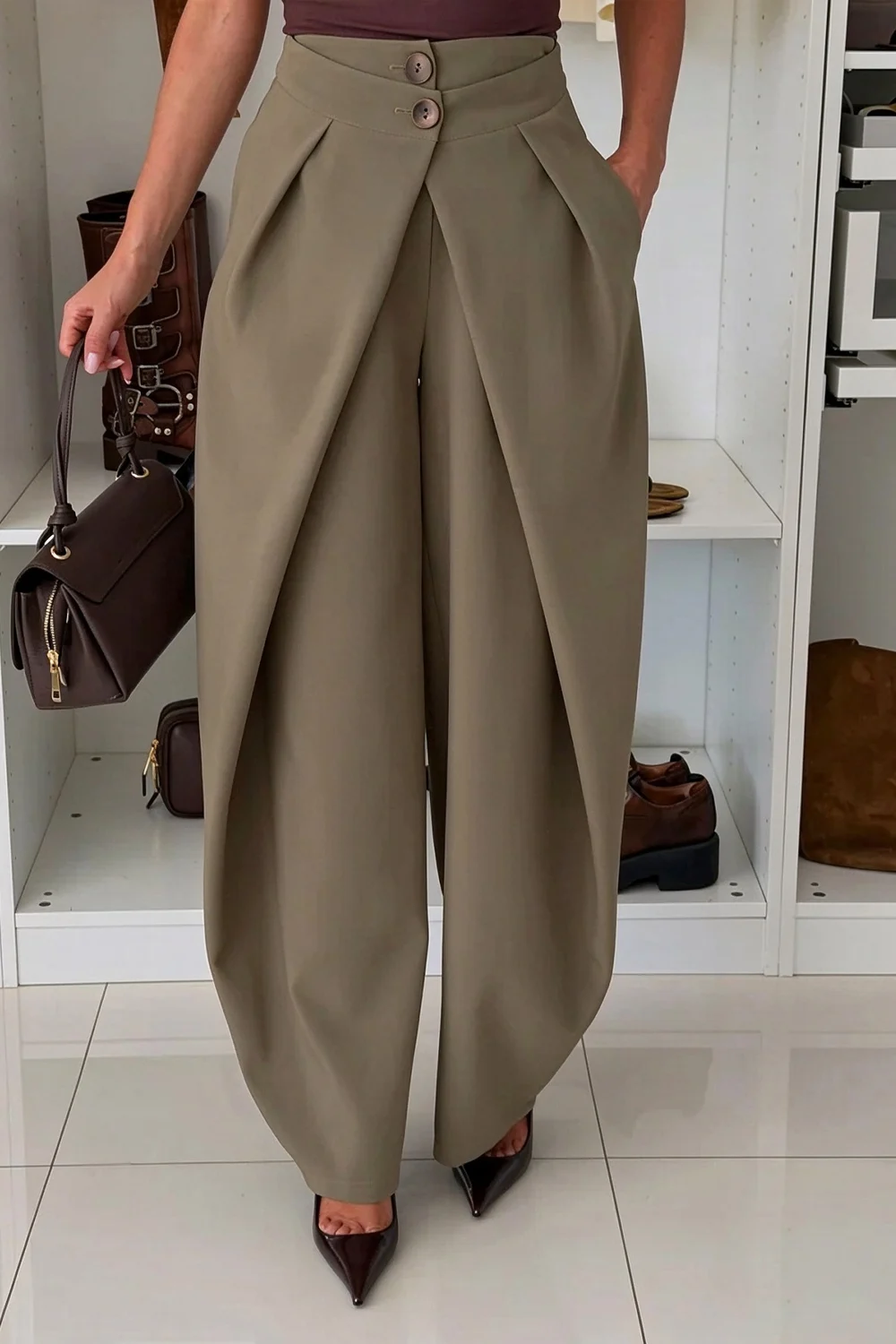 High-Waisted Asymmetric Double-Button Wide-Leg Trousers in Chocolate Brown