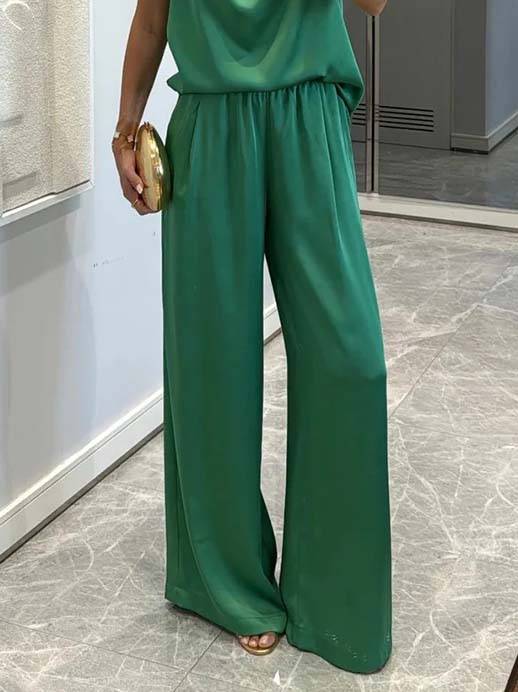 Elegant Halter Neck Swing Collar Top And Wide Leg Pants Suit-Pants