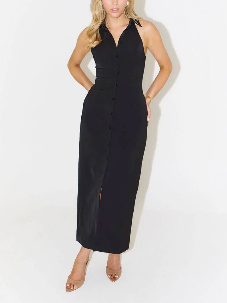Simple Slit Lapel Sleeveless Dress