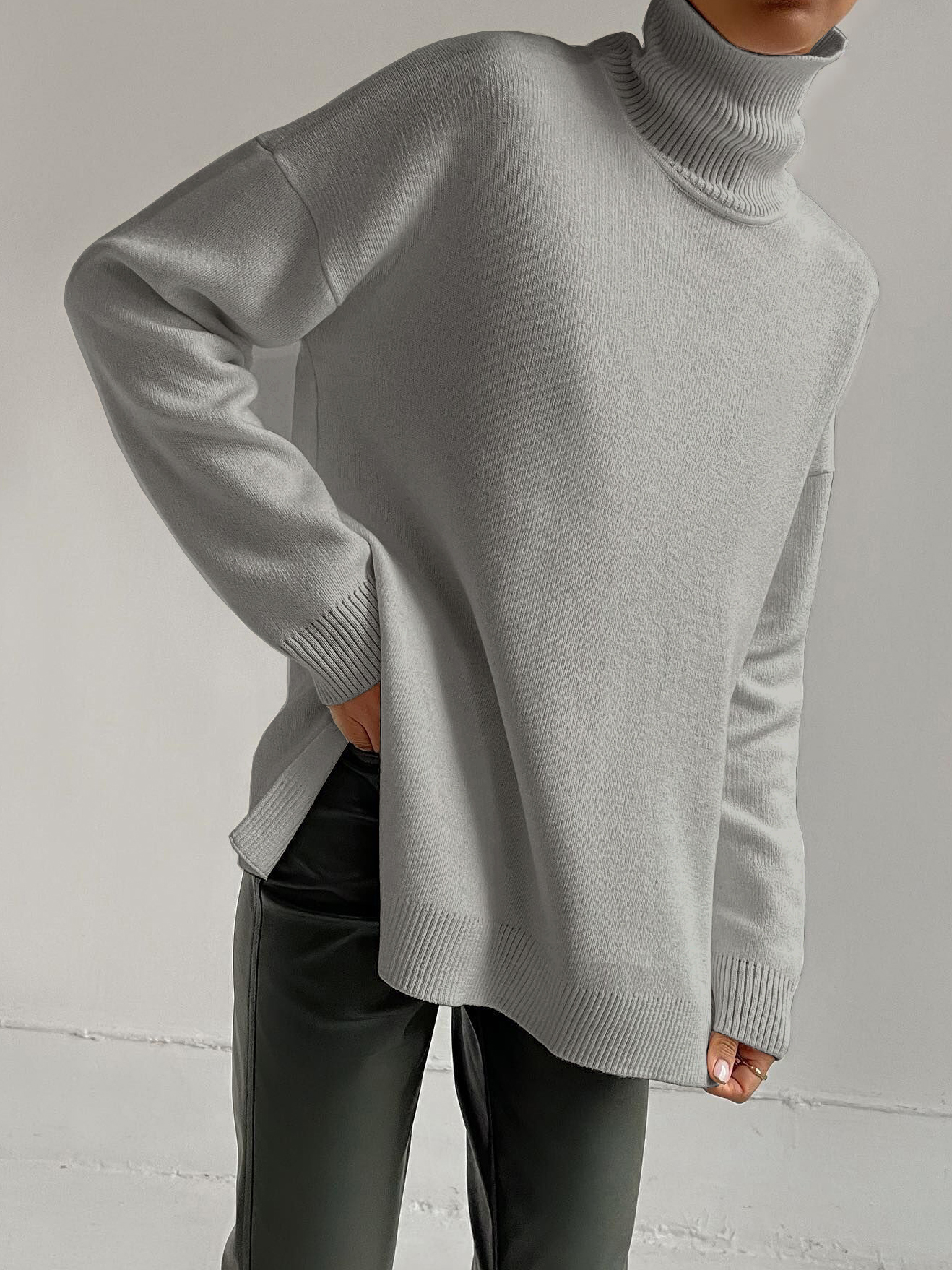 Side Slit Turtleneck Knitted Sweater