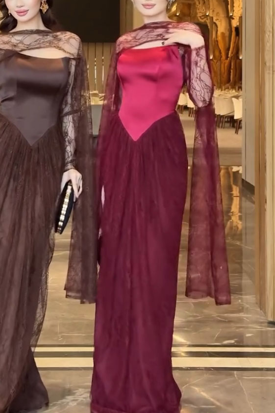 Lace Cape Off-shoulder Long Sleeve Maxi Dress