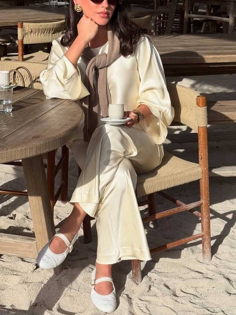 Minimalist Old Money Crewneck Shirt And Wide Leg Pants Suit-Shirt