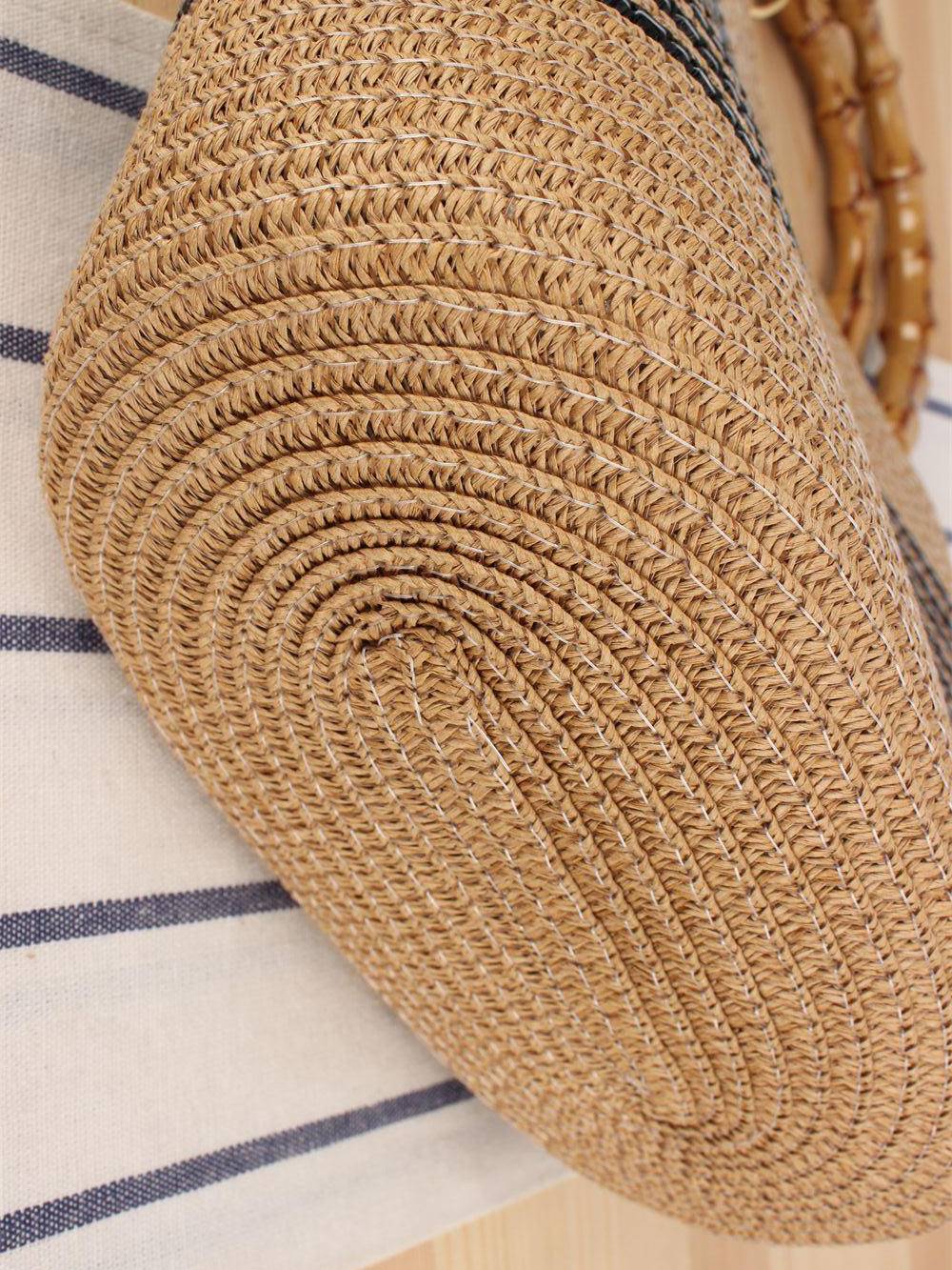 Bamboo Handle Striped Contrast Color Straw Handbag