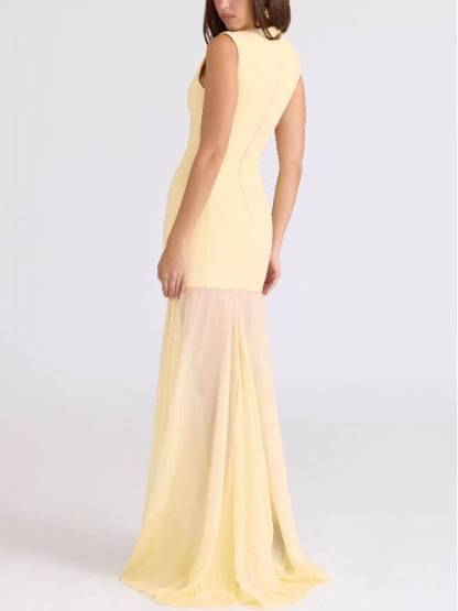 Hollow Design Tulle Splicing Maxi Dress
