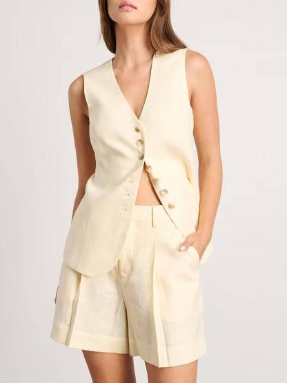 Minimalist Cotton Linen Vest And Shorts Suit