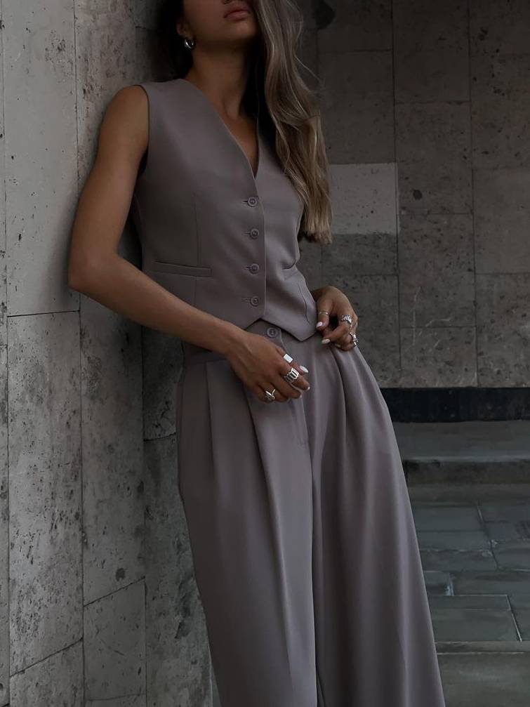 V-neck Vest Wide-leg Trousers Casual Two-piece Suit