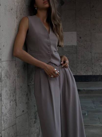 V-neck Vest Wide-leg Trousers Casual Two-piece Suit