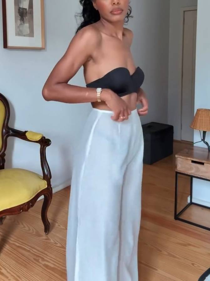 V-neck Loose Dress And Wide Leg Pants Suit (Belt Not Included)