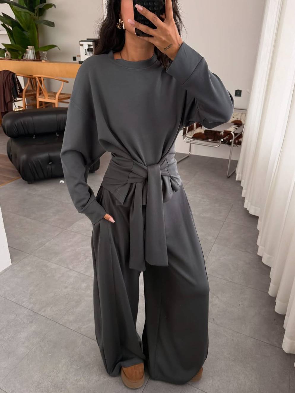 Lace-Up Design Pullover And Wide Leg Pants Suit