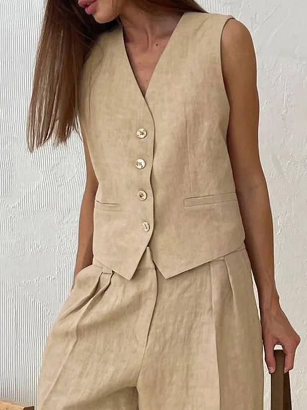Cotton Linen Vest And Wide Leg Pants Suit-Vest