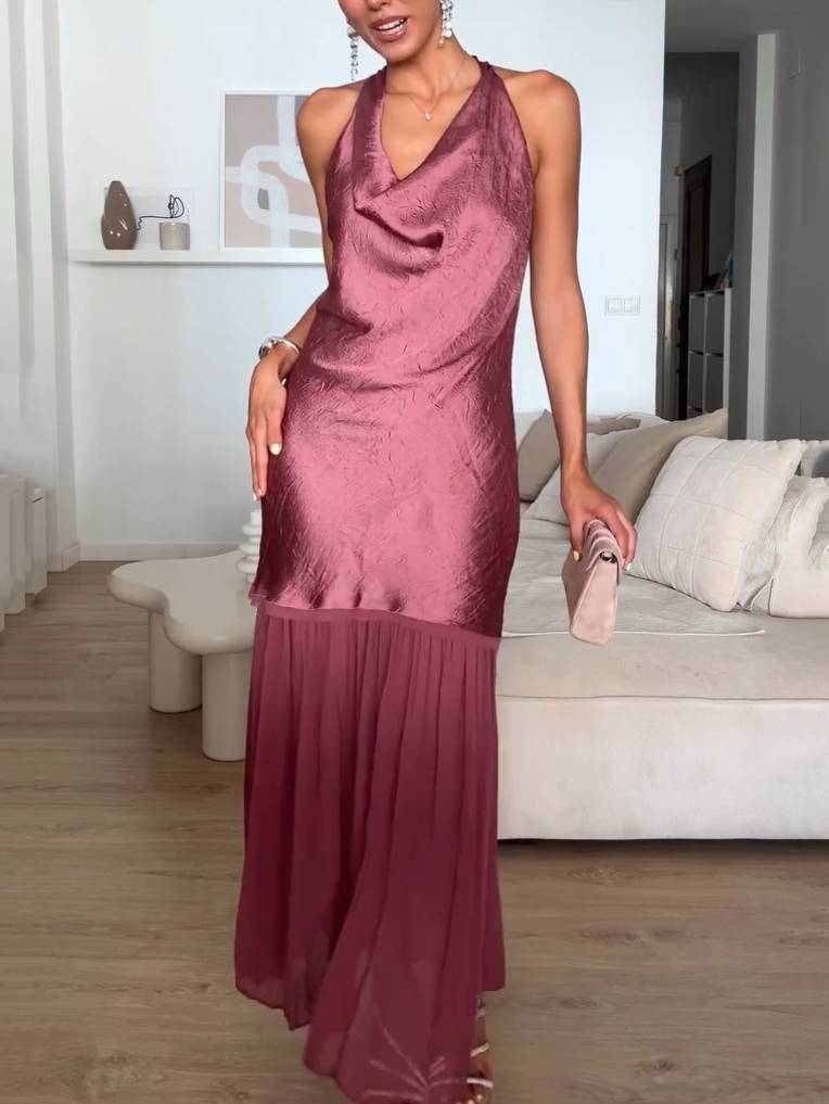 Irregular Pleated Design Swing Collar Stitching Maxi Dress