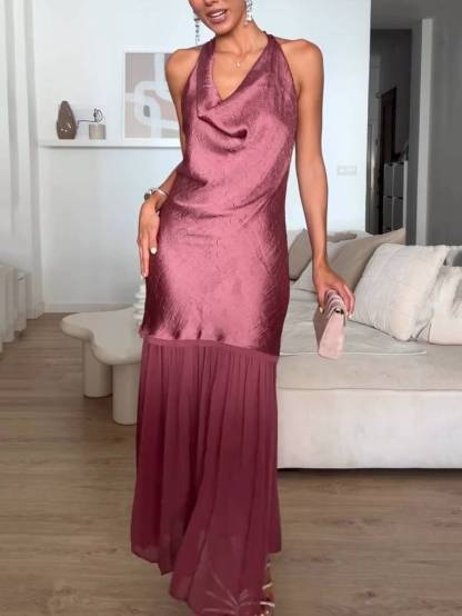 Irregular Pleated Design Swing Collar Stitching Maxi Dress