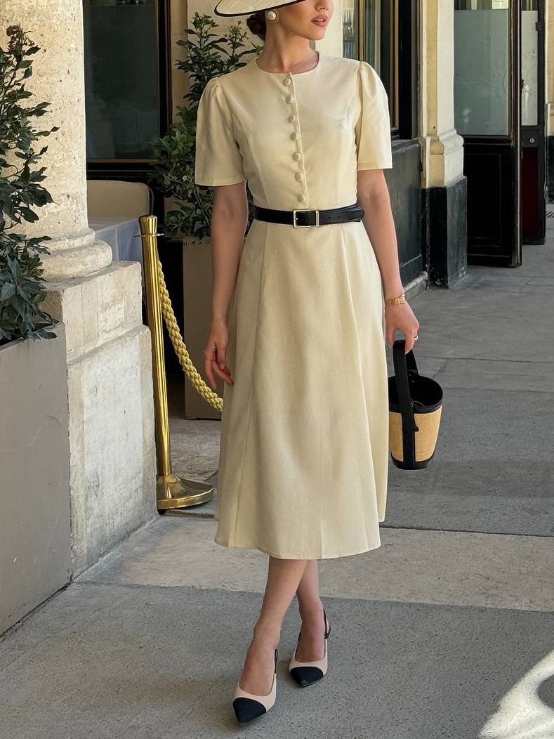 Elegant Retro Round Neck Puff Sleeve High Waist Midi Dress
