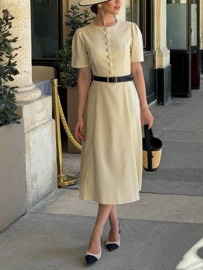 Elegant Retro Round Neck Puff Sleeve High Waist Midi Dress