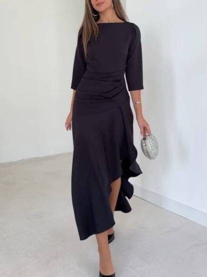 Pleated Design Irregular Hem Maxi Dress