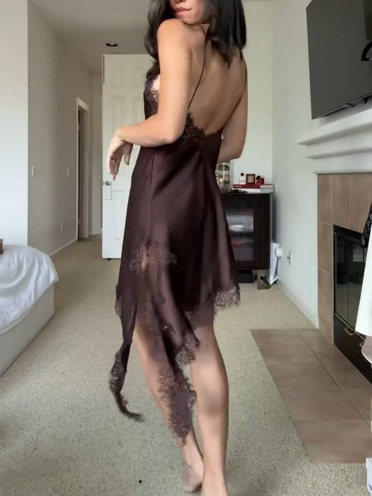 Lace Bevel Hem Sling Dress And Wide-leg Pants Suit - Dress