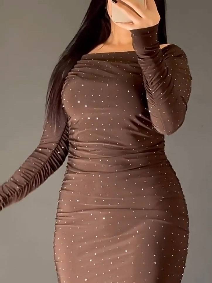 Shiny Pleated Long Sleeve Maxi Dress