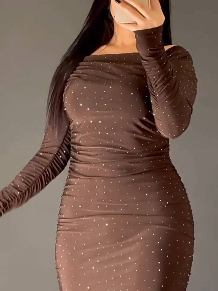 Shiny Pleated Long Sleeve Maxi Dress