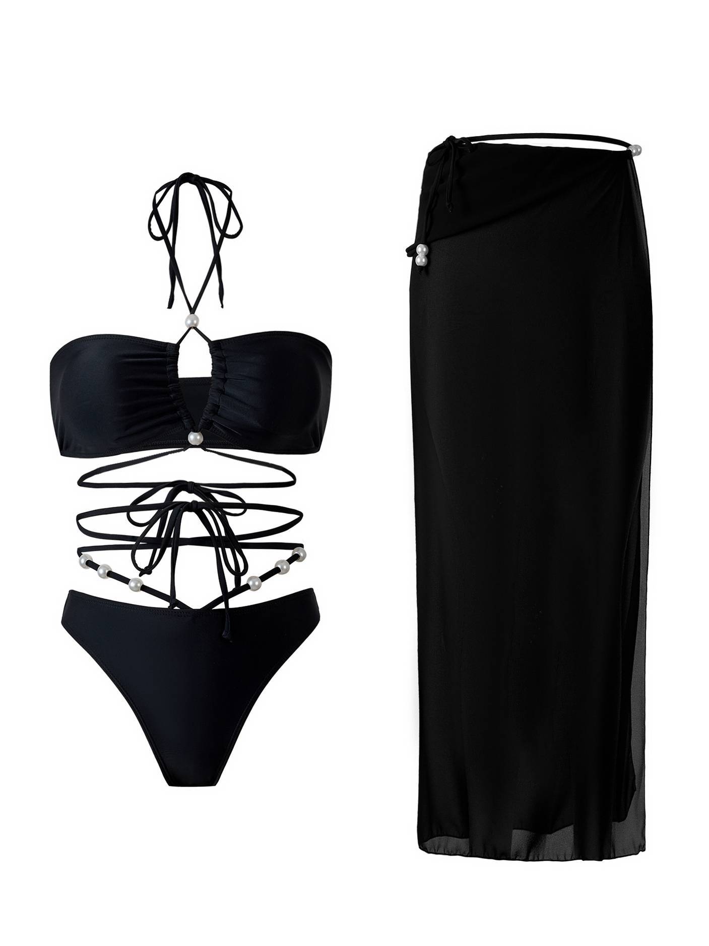Halter Neck Three-Piece Bikini Beach Dress Set