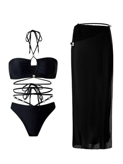 Halter Neck Three-Piece Bikini Beach Dress Set