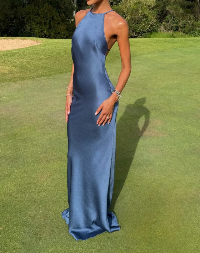 Champagne Gold Halter Neck Maxi Dress With Geometric Chain Back - Luxe Satin Evening Gown