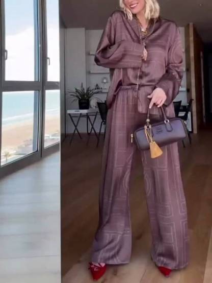 Geometric Letter Print Shirt Wide Leg Suit-Pants