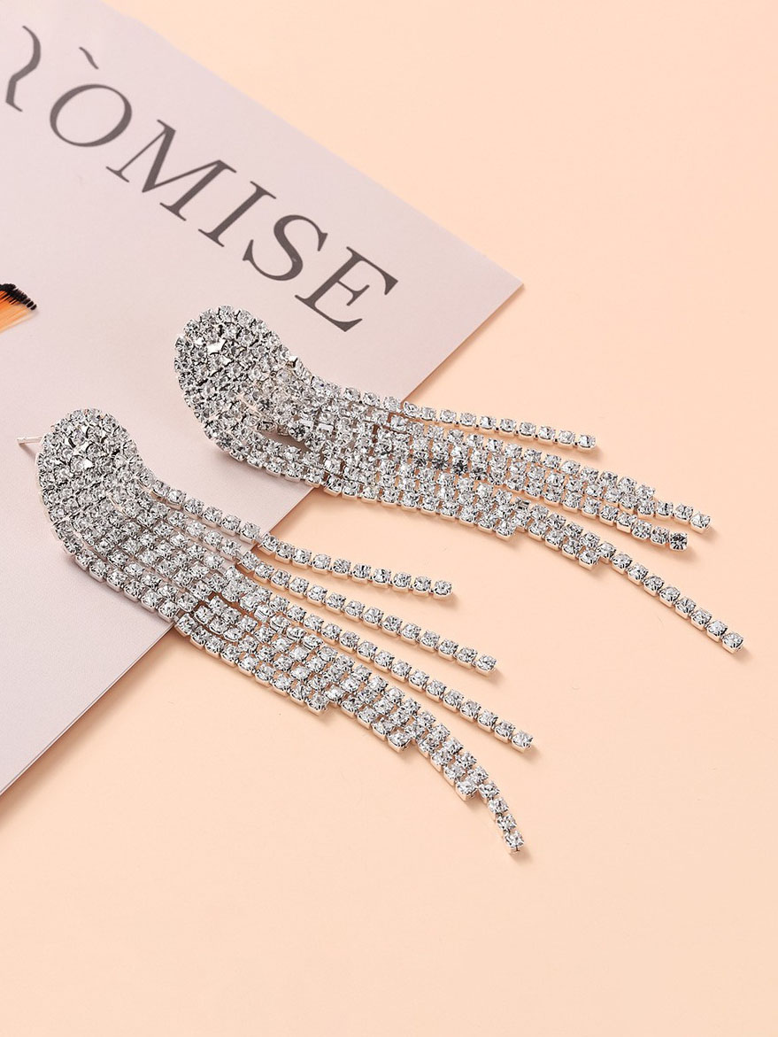 Geometric Diamond Rhinestone Long Tassel Earrings