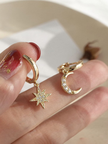 Classic Full Diamond Star Moon Asymmetrical Earrings