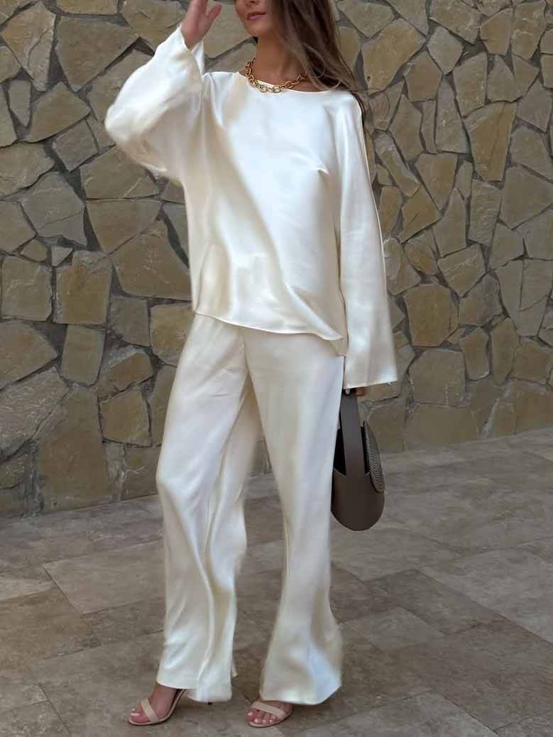 Minimalist Old Money Crewneck Shirt And Wide Leg Pants Suit-ShirtPants