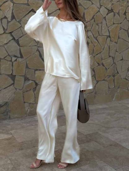 Minimalist Old Money Crewneck Shirt And Wide Leg Pants Suit-ShirtPants