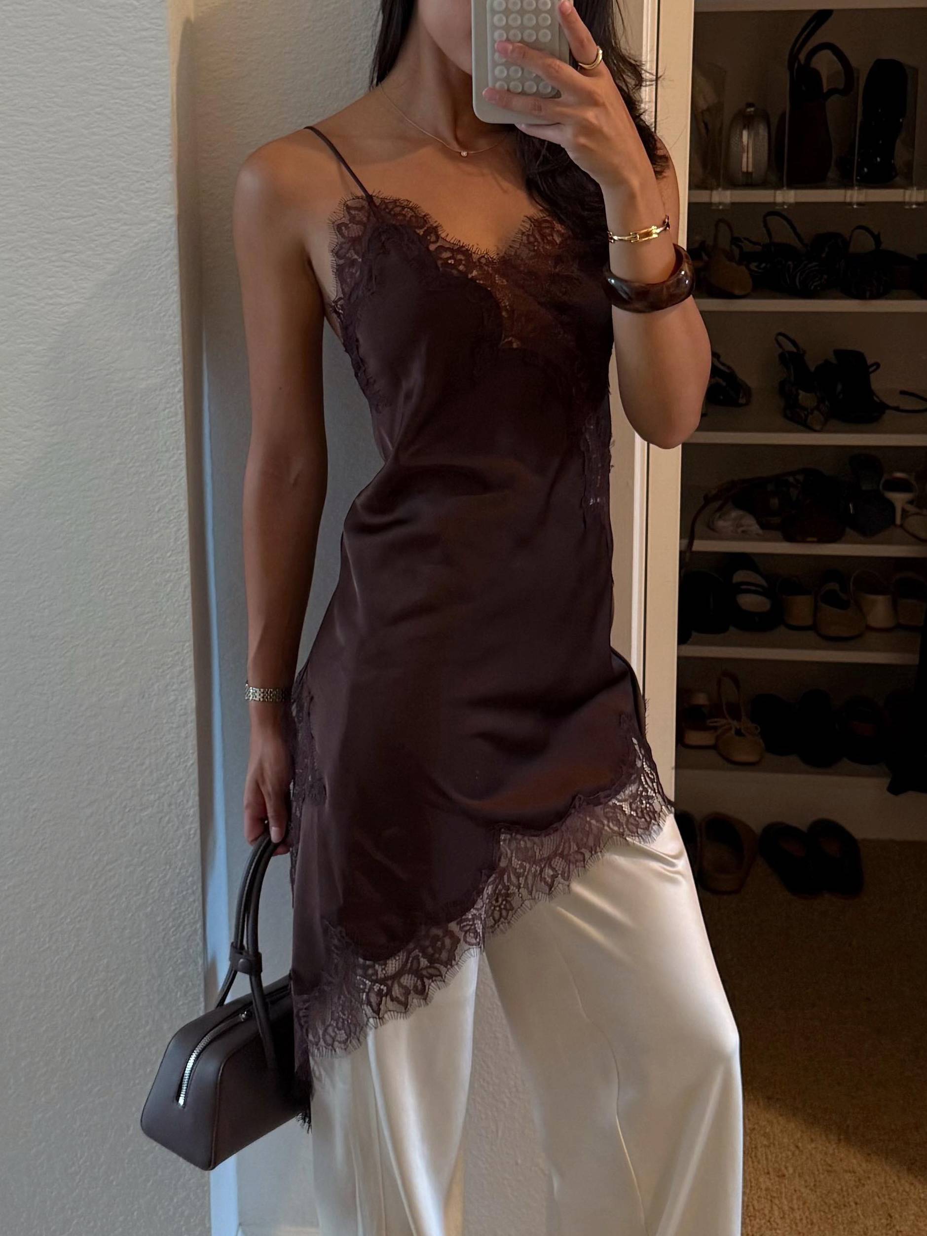 Lace Bevel Hem Sling Dress And Wide-leg Pants Suit - Dress