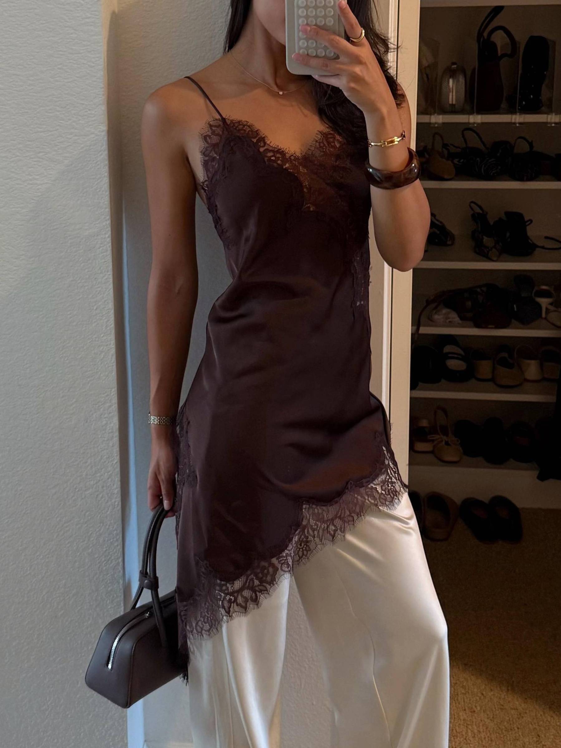 Lace Bevel Hem Sling Dress And Wide-leg Pants Suit - Dress