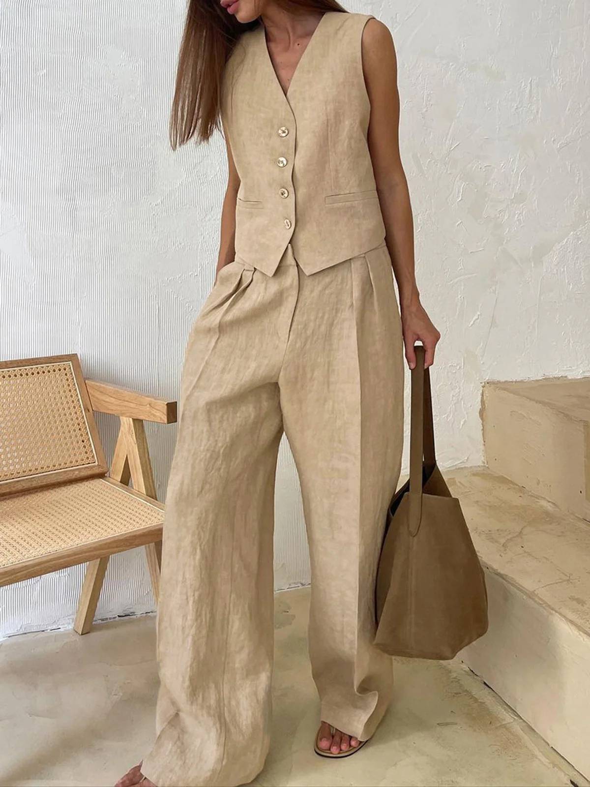 Cotton Linen Vest And Wide Leg Pants Suit-Pants