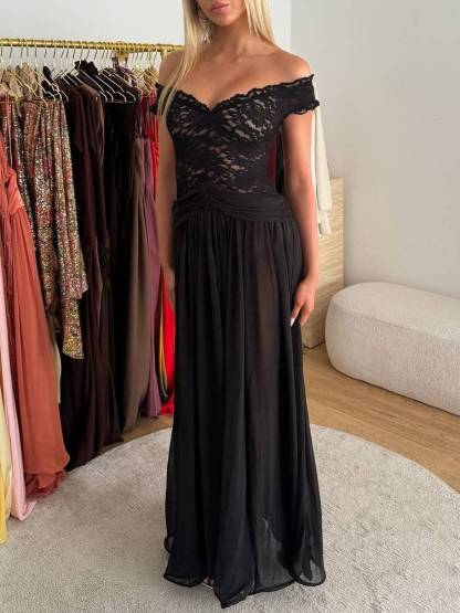 V-Neck Lace-Splicing Maxi Dress