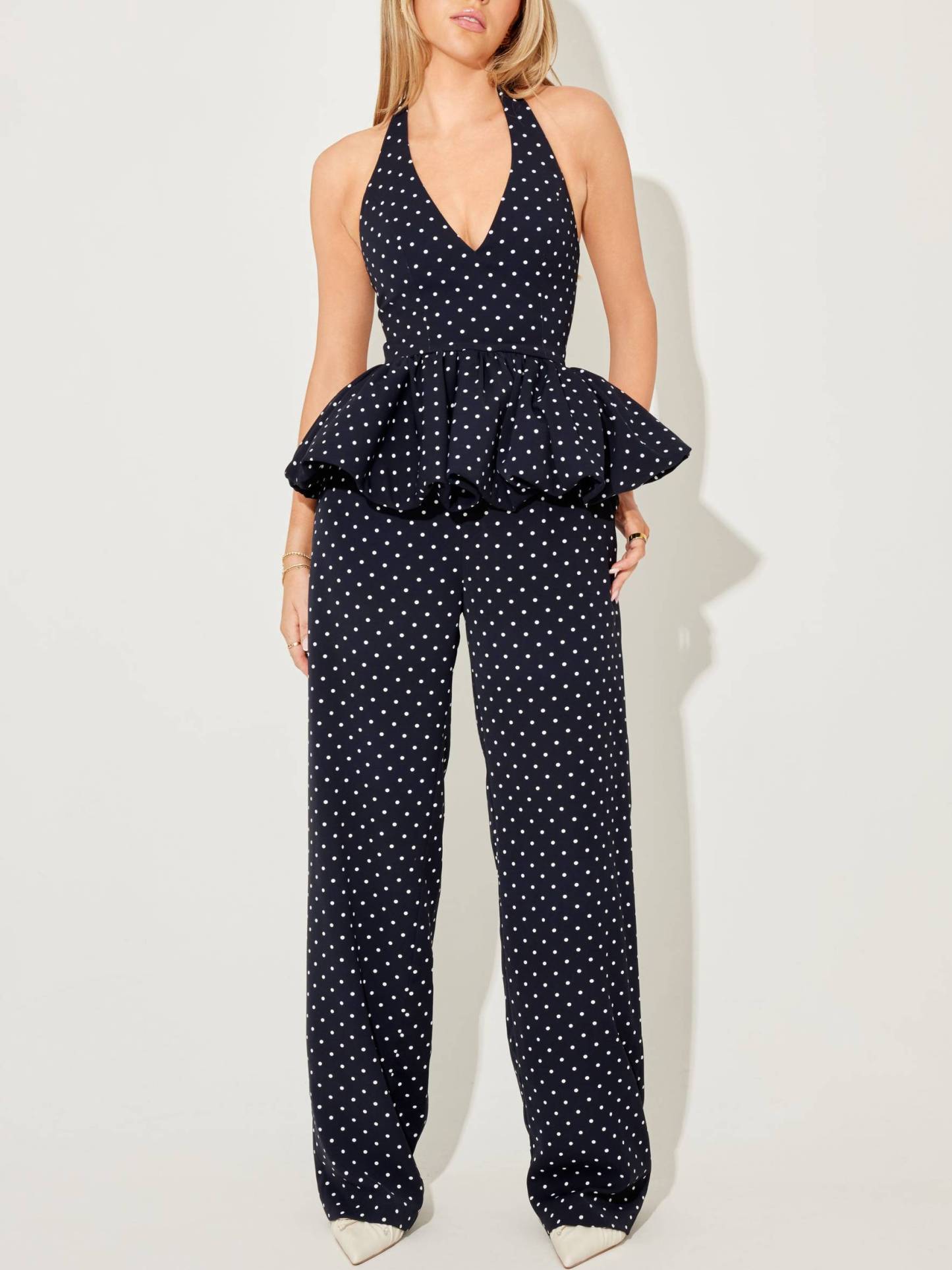 Vintage Polka Dot Halterneck Lace-up Top And Wide Leg Pants Suit-Pants