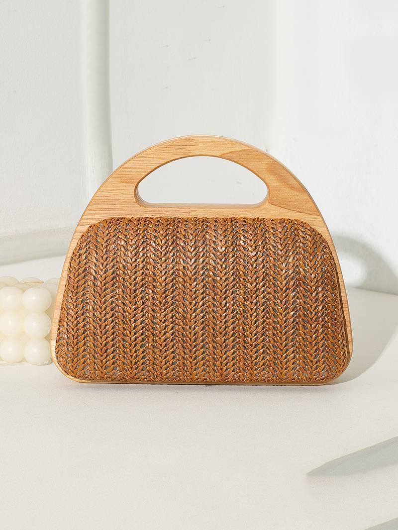 Straw and wood patchwork handbag