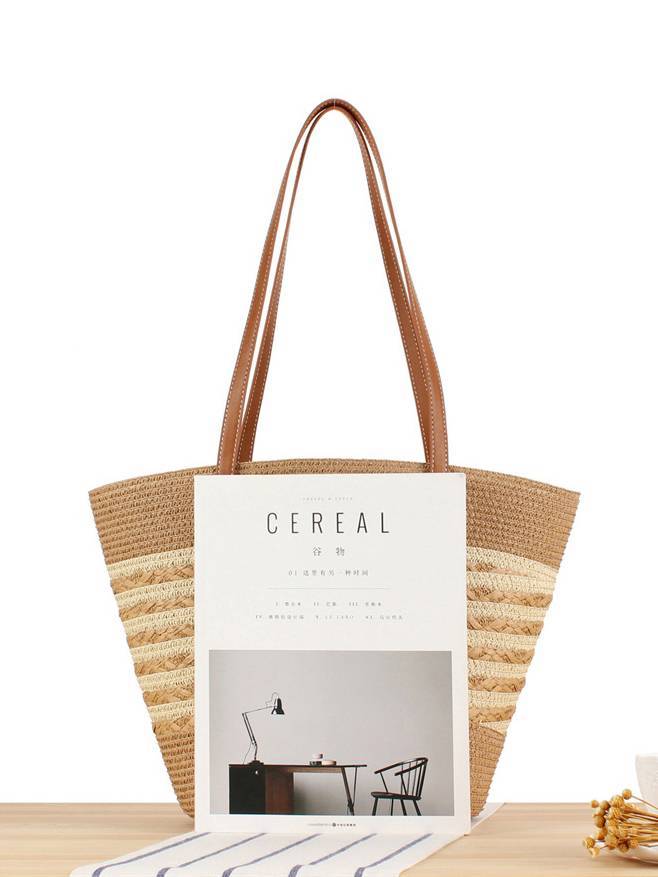 Contrast Color Straw Tote Bag