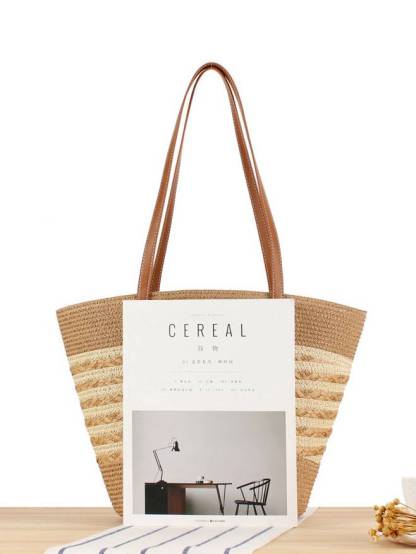 Contrast Color Straw Tote Bag