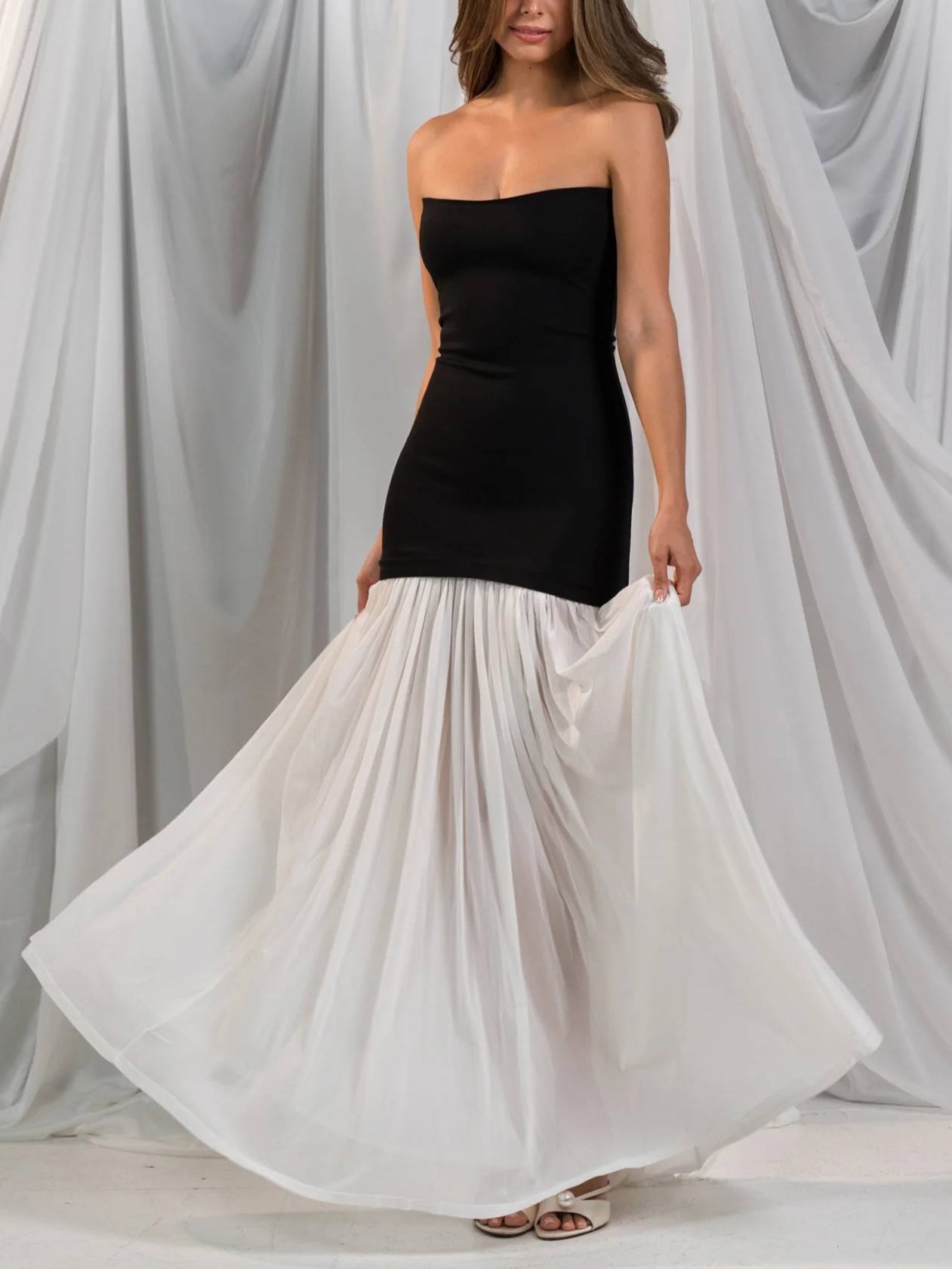 Elegant Slim-fit Tube Top Pleated Hem Maxi Dress