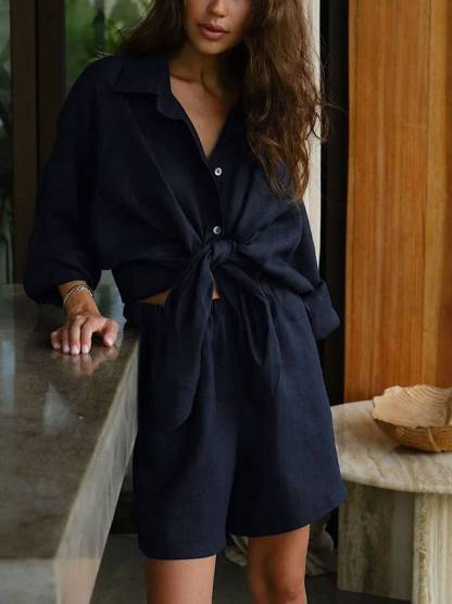 Casual Loose Long Sleeve Shirt And Shorts Suit