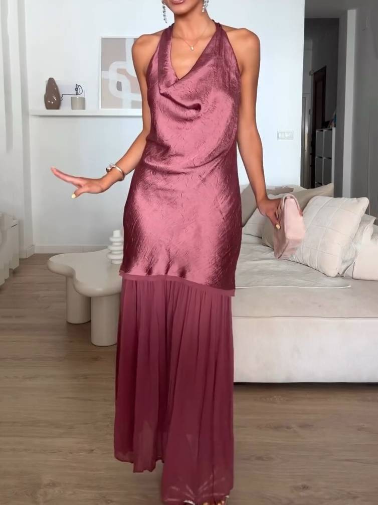 Irregular Pleated Design Swing Collar Stitching Maxi Dress