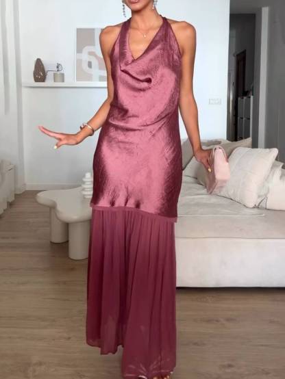 Irregular Pleated Design Swing Collar Stitching Maxi Dress