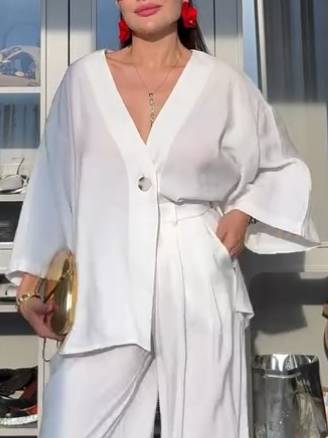 Minimalist Loose Shirt And Wide Leg Pants Suit-Shirt