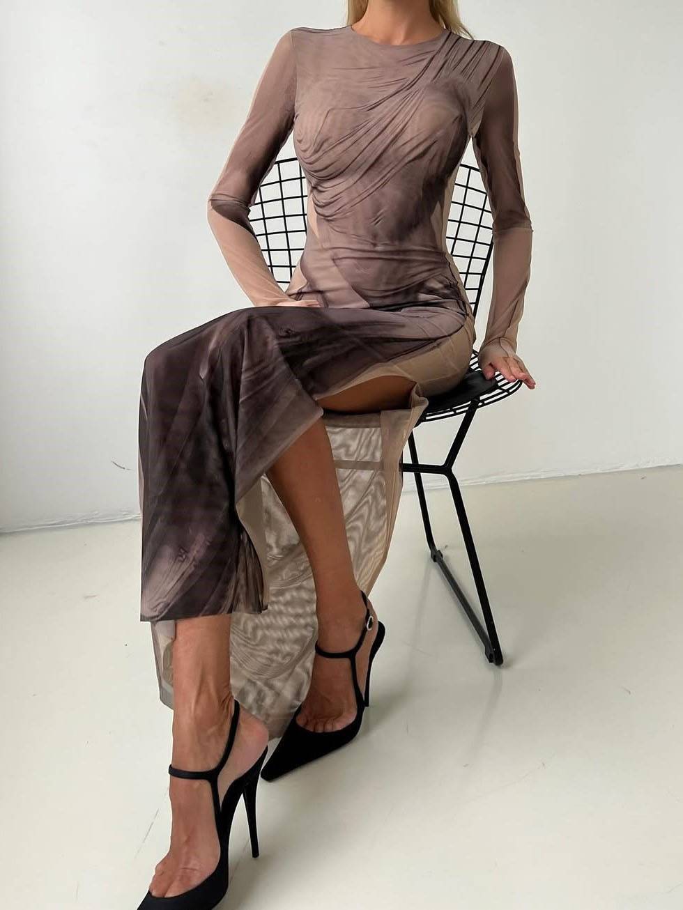 Printed Side Slit Long-Sleeved Maxi Dress