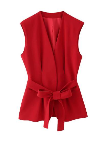 Minimalist V-neck Vest And Wide-leg Pants Suit-Pants