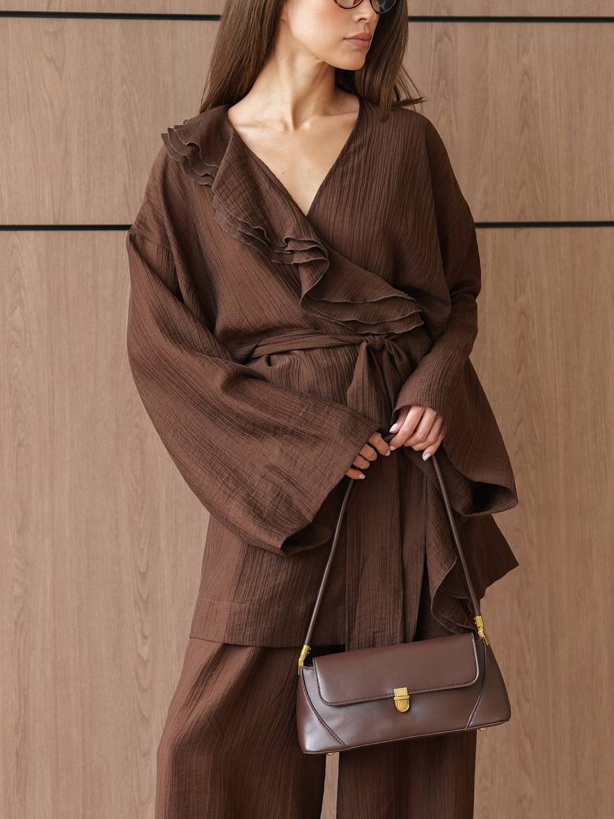 Ruffled Loose Belt Shirt And Wide Leg Pants Suit-Shirt