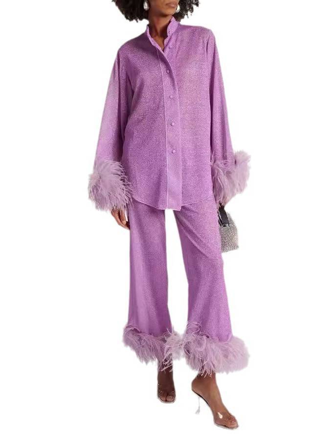 Feather Stand Collar Shirt Wide-leg Pants Suit