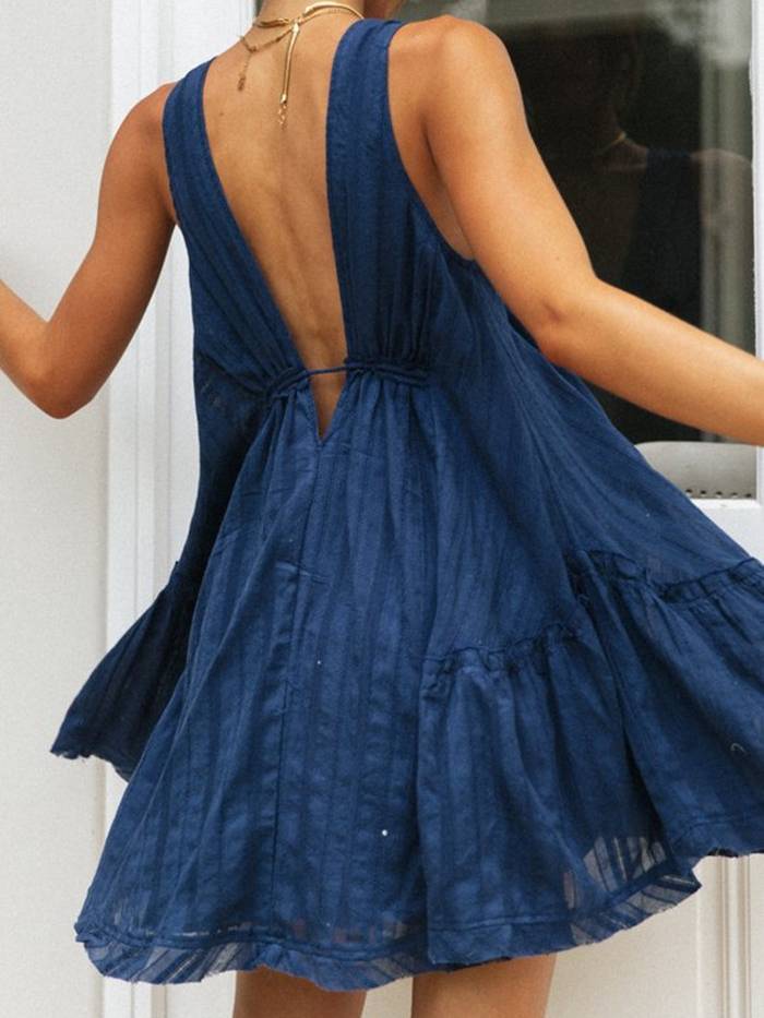 V-neck Front And Back Drawstring Mini Dress